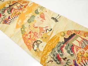 アンティーク　扇に鶴・屋敷風景・草花模様織り出し丸帯（着用可）